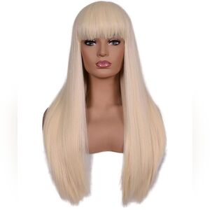 26" Long Straight Blonde Wig with Bangs Synthetic Natural Look Cosplay Daily Use